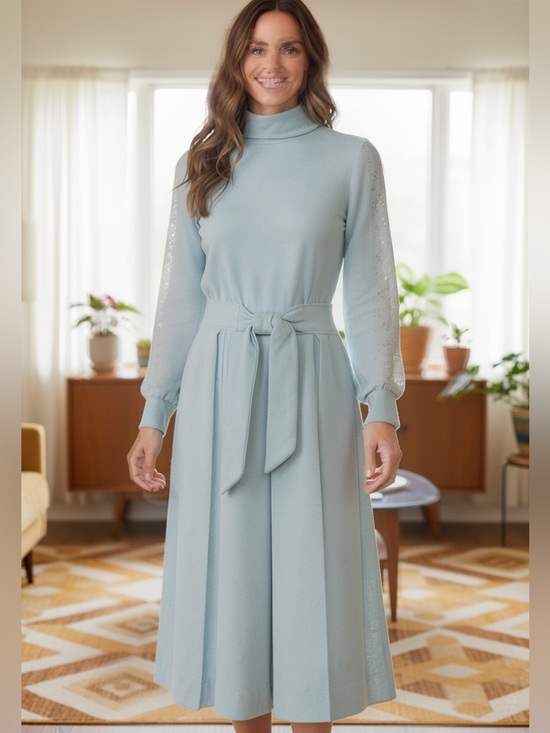Dresses & Skirts - 70s ICE BLUE MODEST MIDI DRESS HIGH NECK LACE INSERT SLEEVES PLEATED SKIRT SZ 8